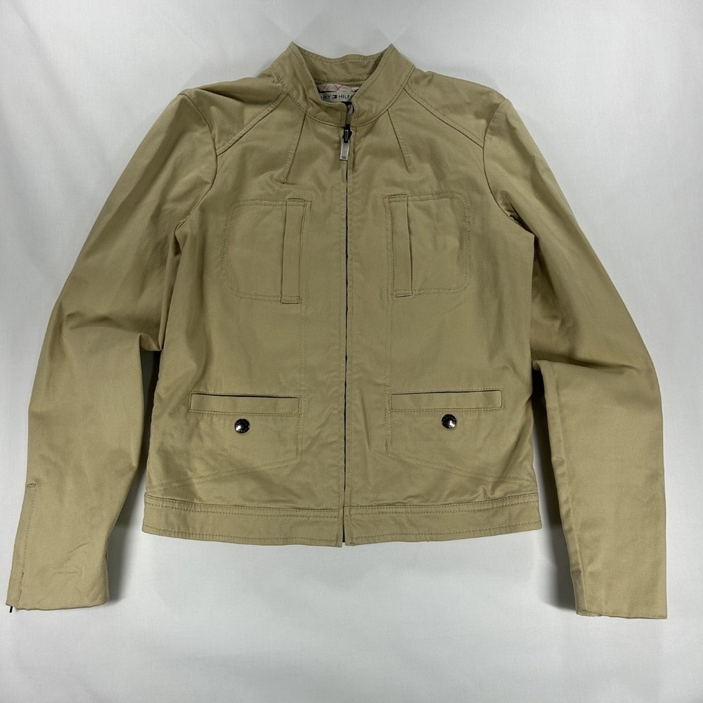 Tommy‎ Hilfiger Vintage 2000S/ Y2K Woman's Moto Jacket Medium Khaki Beige